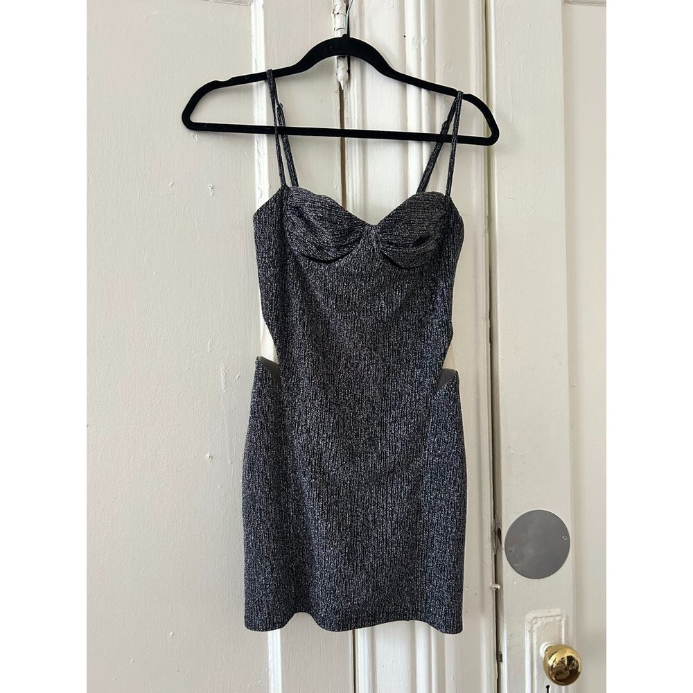 Hours‎ Women's US S Reyna Shiny Cut Out Mini Dress Black/Silver